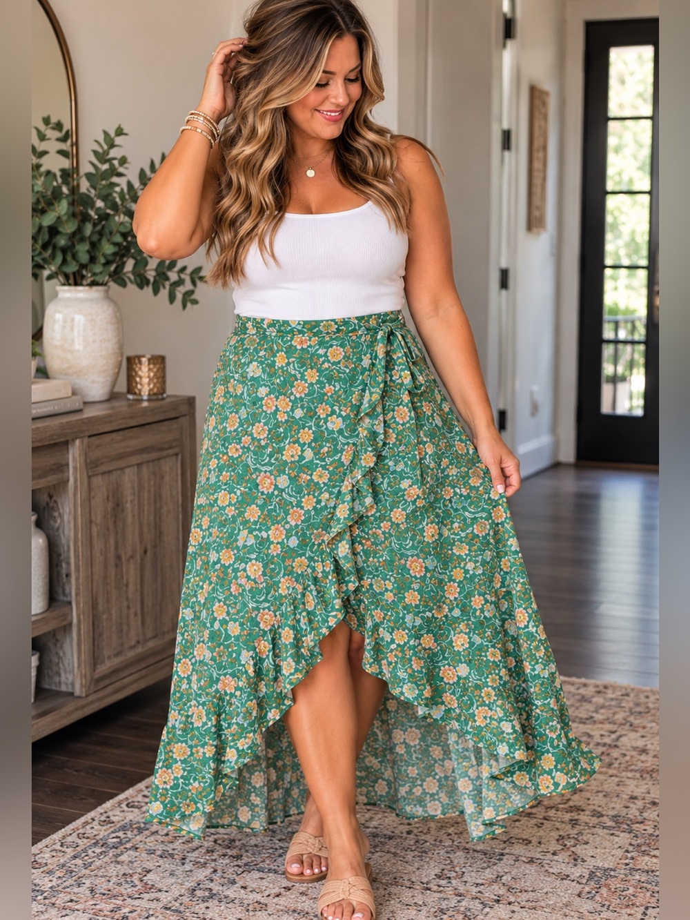 Rachel Zoe Green Floral Ruffle Wrap High Low Maxi Skirt Size L